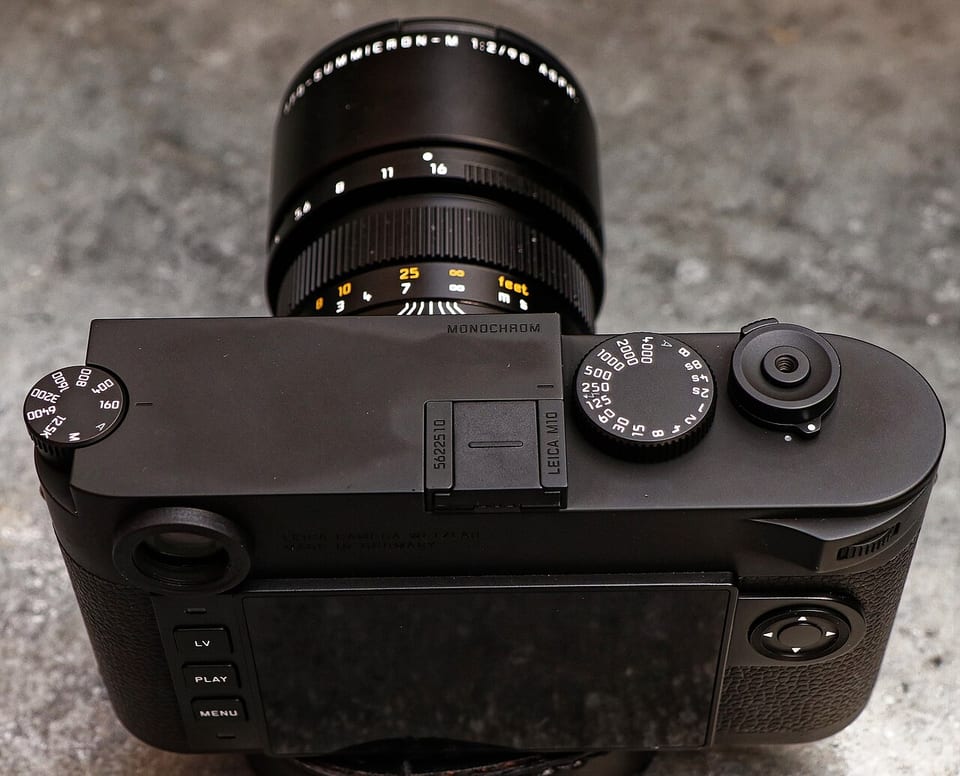 Top view of the Leica M10 Monochrom showing the MONOCHROM engraving and ISO dial