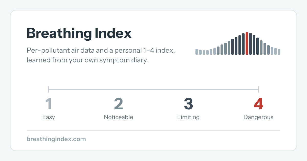 Breathing Index share card: a bar chart of one day's hourly air readings rising to a single red peak, above the scale from 1 Easy to 4 Dangerous