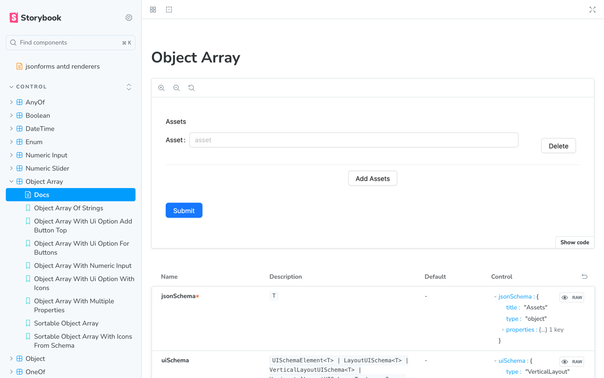 The renderer package's storybook — an Object Array form rendered with Ant Design components