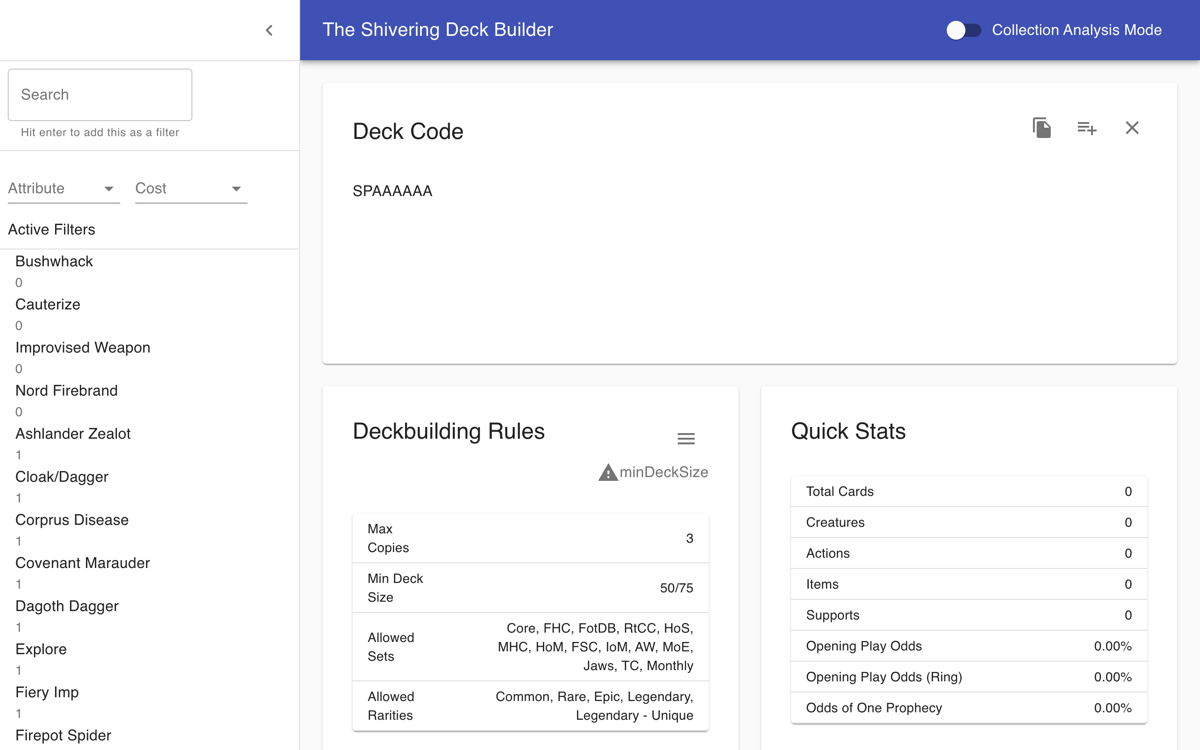 The deckbuilder's card search drawer, deck rules, and quick stats