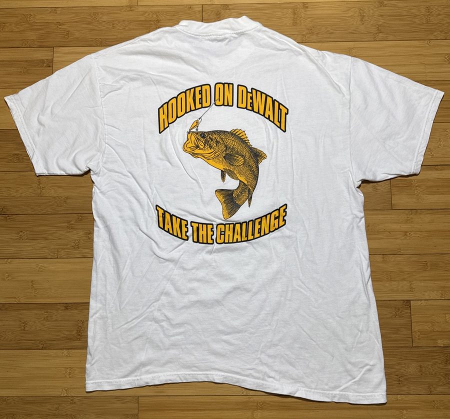 Hooked On DeWalt Take The Challenge fishing promo tee, Hanes Beefy-T